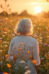 Wall Mural - elderly woman in flower dress in a meadow among flowers at sunset view from behind Generative AI