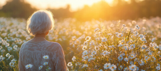 Wall Mural - elderly woman in flower dress in a meadow among flowers at sunset view from behind Generative AI