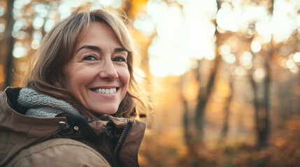 Sticker - beautiful middle aged woman in autumn park portrait smile Generative AI