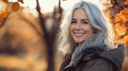 Sticker - beautiful middle aged woman in autumn park portrait smile Generative AI