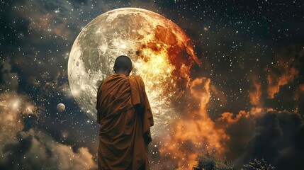 Wall Mural - a monk stands in front of a large, glowing moon and a vast, starry sky.