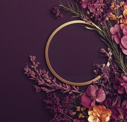 Wall Mural - Elegant floral arrangement with gold ring on purple background for greeting card design. Card with place for text.