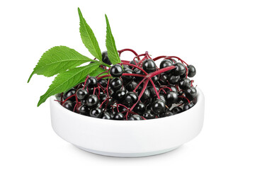 Ripe black elderberry or elder with green leaves in ceramic bowl isolated on a white background. Sambucus