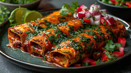 A plate of enchiladas with a side of guacamole and salsa. The dish is colorful and appetizing, with a variety of toppings and sauces. The presentation is inviting and makes the food look delicious