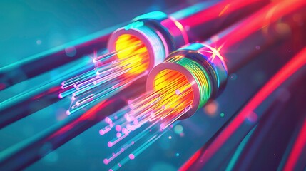 Wall Mural - close-up of colorful fiber optic cables with glowing strands.