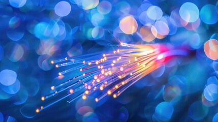 Wall Mural - abstract glowing fiber optic strands on a blue bokeh background.