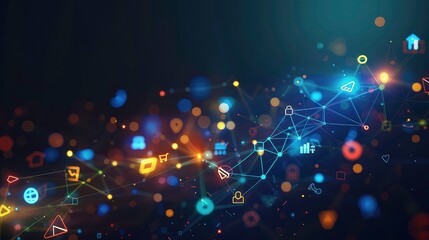Wall Mural - abstract digital network background with glowing lights and icons.