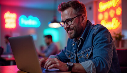 A middle-aged Caucasian man with short brown hair and a beard, wearing glasses and a denim jacket, sitting at a table and using a laptop in a dimly lit cafe or bar setting with colorful neon lights 