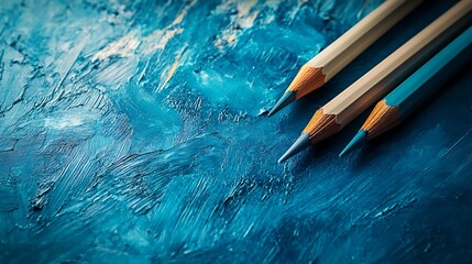 Canvas Print - Three Blue Pencils on a Blue Textured Background