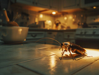 Wall Mural - 
American Cockroach crawling on a kitchen countertop under dim lighting, with intricate details on its body and wings highlighted, cinematic style, Compositing Core, 8k, detailed,