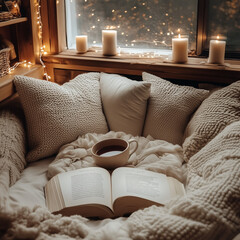 cozy reading nook with book and tea