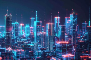 Poster - A cityscape with buildings lit up in neon colors, generative ai image