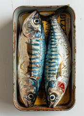 Freshly caught mackerel displayed in a rustic metal tray. Two vibrant mackerel are arranged in an old metal tray