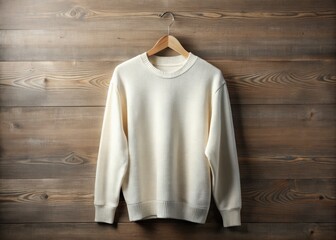 Crisp, empty, and hanging on a wooden hanger, a plain white pullover sweater awaits customization, its soft fabric and classic design inviting creative expression.