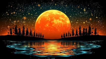   A painting depicts a luminous full moon above a serene body of water, flanked by majestic trees along the shoreline, and a dazzling array of celestial