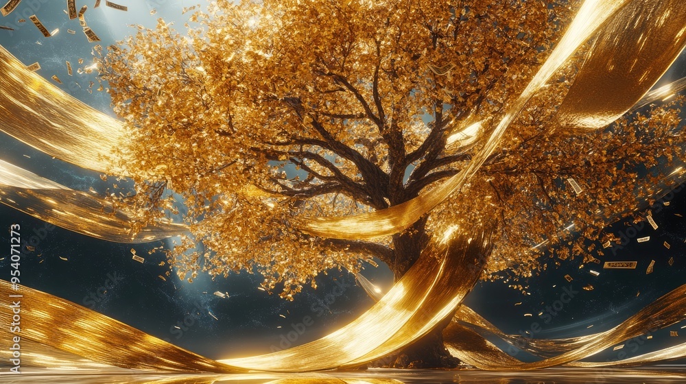 Money Tree Ribbons Flowing money ribbons from a beautiful gold tree, set against a dynamic ...