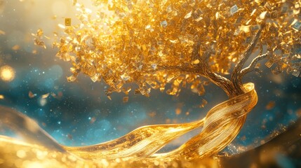 Flowing money ribbons from a beautiful gold tree, set against a dynamic and futuristic background, symbolizing wealth and abundance