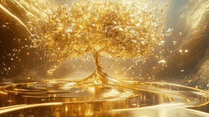 Flowing money ribbons from a beautiful gold tree, set against a dynamic and futuristic background, symbolizing wealth and abundance