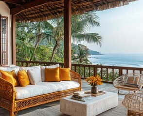 Goa beachfront living with marigold wicker furniture and a serene white sofa.