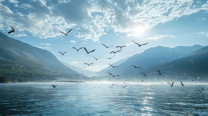 Poster -   A flock of birds soaring above a vast expanse of water, surrounded by majestic mountains and illuminated by golden sunlight filtering through the clouds