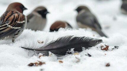 Sticker -   A flock of avian perched atop an icy mound adjacent to a single feather lying atop the same mound