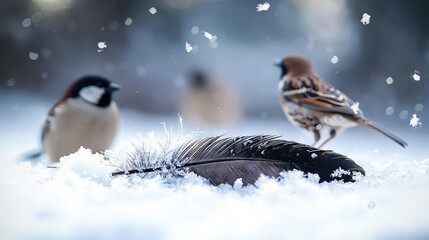 Wall Mural -   A pair of birds perched atop a mound of snow, adjacent to a single feather resting atop another snowy pile