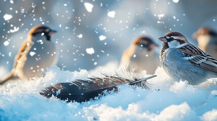 Sticker -   A flock of birds perched atop a snowy mound beside a lone feather atop another pile of snow