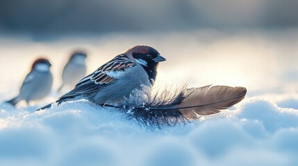 Canvas Print -   A flock of birds perched atop a snowy mound, beside a single feather also nestled in the snow