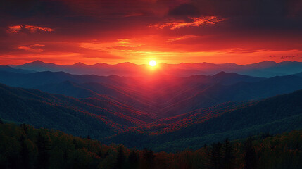 Canvas Print -   Sunset over mountains with trees in foreground and red sky