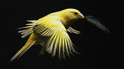   A yellow bird soaring through the sky with its wings extended and beak closed