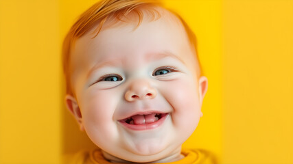 The smiling redhead baby on yellow background. Generative AI