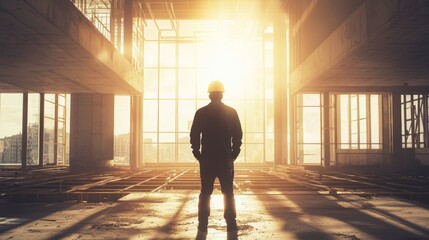 Wall Mural - Engineer Standing in Construction Site with Bright Light Generative AI