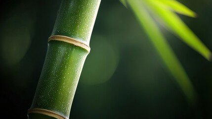 Sticker -   Bamboo leaf with water droplets and blurry tree in background