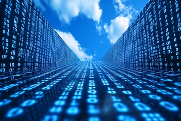 A dynamic visualization of binary code flowing towards the horizon, representing the digital transfer of data in a cloud computing environment.