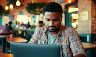 Sticker - Cuban Man Working on Laptop in Cozy Coffee Shop