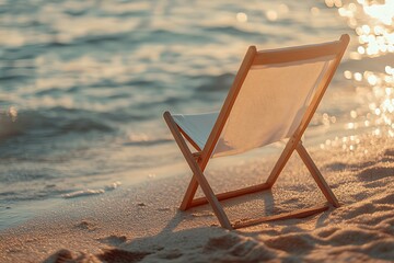 Wall Mural - Empty deck chair standing on beach at sunset enjoying golden hour