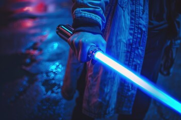 Wall Mural - A person holding a blue lightsaber with a blue flame, generative ai image