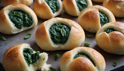 Sticker - closeup of spinach and cheese stuffed bread rolls