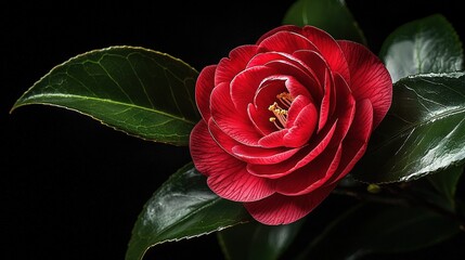 Poster -   A red flower with green leaves on a dark background in focus