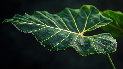 Poster -   A lush green leaf rests atop a verdant plant, adorned with oversized foliage above