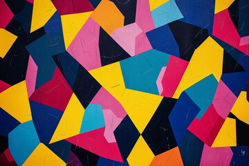 Vibrant and colorful abstract geometric pattern composed of various shapes, including triangles and squares in different colors like blue, yellow, pink and black