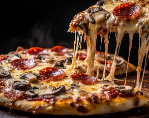 Wall Mural - A delicious pizza with cheese stretch, tomato sauce and mushrooms on it is being pulled by strings of mozzarella