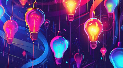 Wall Mural - colorful glowing light bulbs hanging on strings against a dark abstract background.