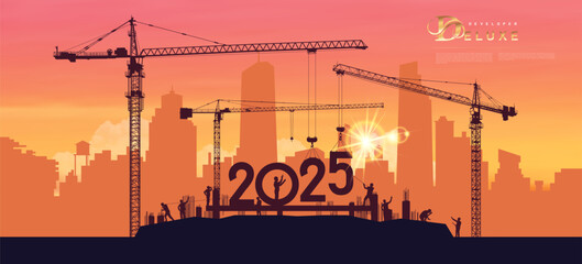 Designing and planning the year 2025. Large construction site, project 2025 Happy New Year creative presentation Design Element. Black silhouette vector many construction cranes set numbers.