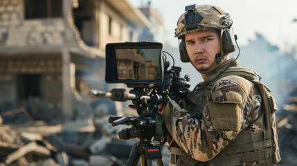 A soldier stands alert, ready with his weapon, observing the devastation of a war-torn area under clear skies