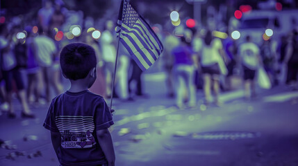 Wall Mural - A child stands with a flag, watching a lively crowd celebrating an event, illuminated by city lights in the background