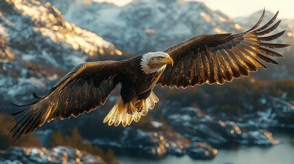 Sticker -   Bald Eagle Soaring Over Water with Mountains in Background