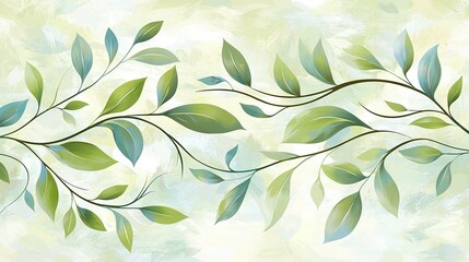 Canvas Print -  A tree branch with green leaves is painted against a light blue and white background, with a hint of light green in the background