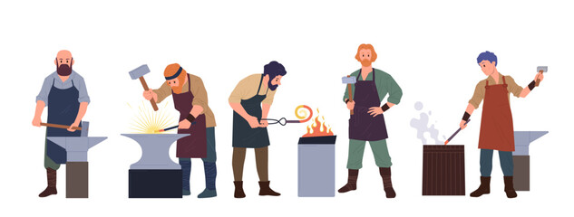 Canvas Print - Busy blacksmiths cartoon characters in apron working with hammer and anvil, forging steel set