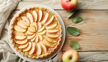 Poster - Tarte aux pommes on plate on light wooden table 